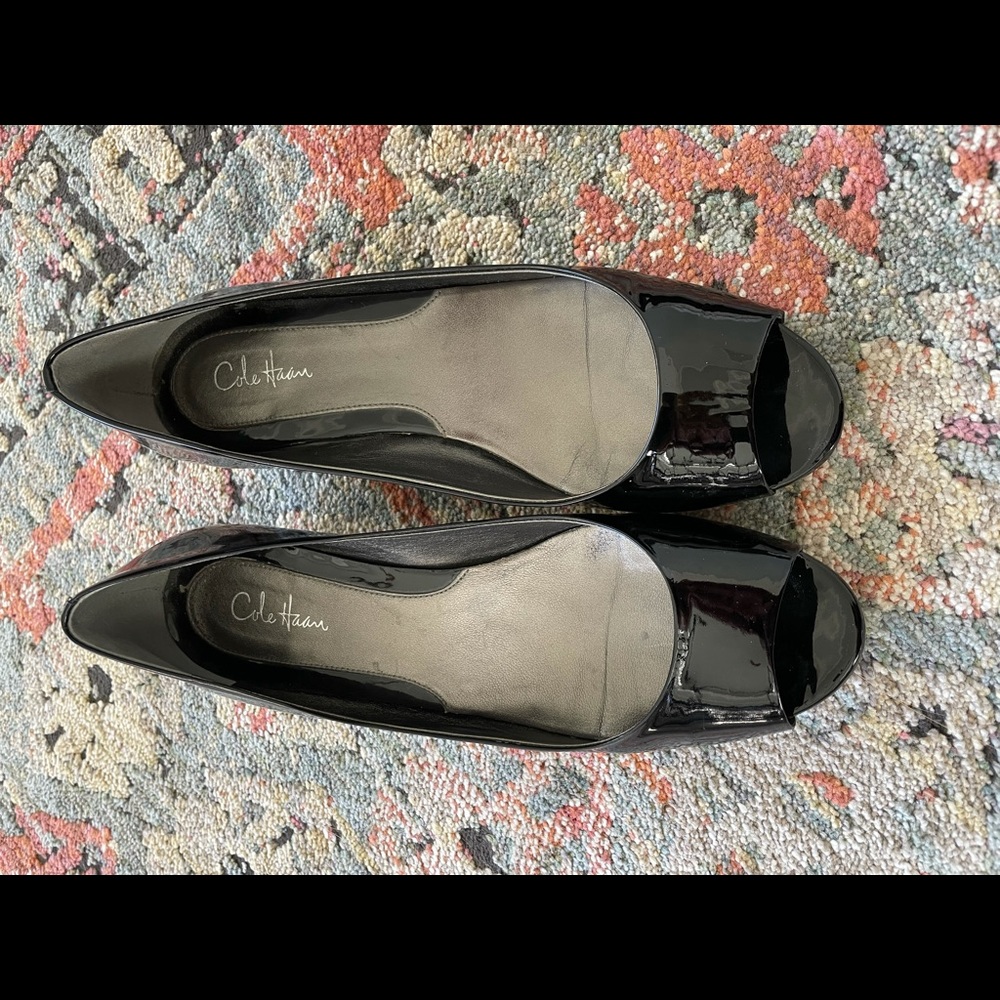 Cole Haas black patent open toe wedges. Barely worn.